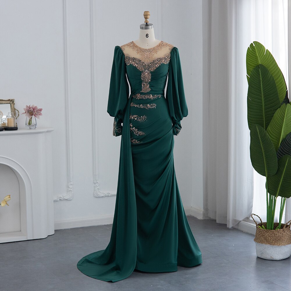 Emerald Green Mermaid Evening Dresses Luxury Beaded Long Sleeve Women Formal Party Gowns