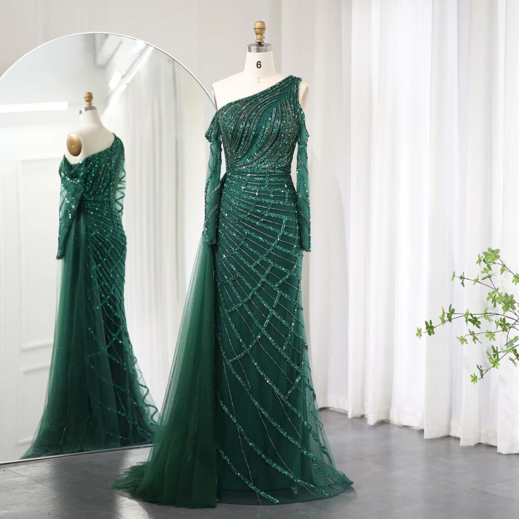 Emerald Green One Shoulder Mermaid Evening Dress with Overskirt Long Sleeves Luxury Wedding Party Gowns