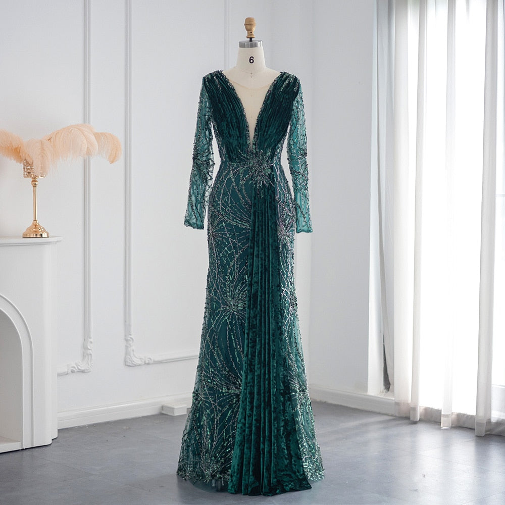 Emerald Green Velvet Mermaid Evening Dresses Long Sleeves Luxury Women Wedding Guest Party Dress