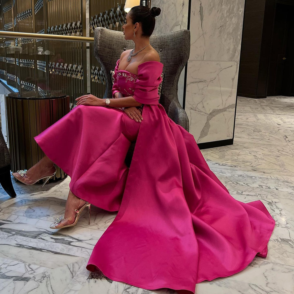 Fuchsia Mermaid Luxury Evening Dresses with Cape Shawl Long Wedding Party Guest Gowns - Image 3