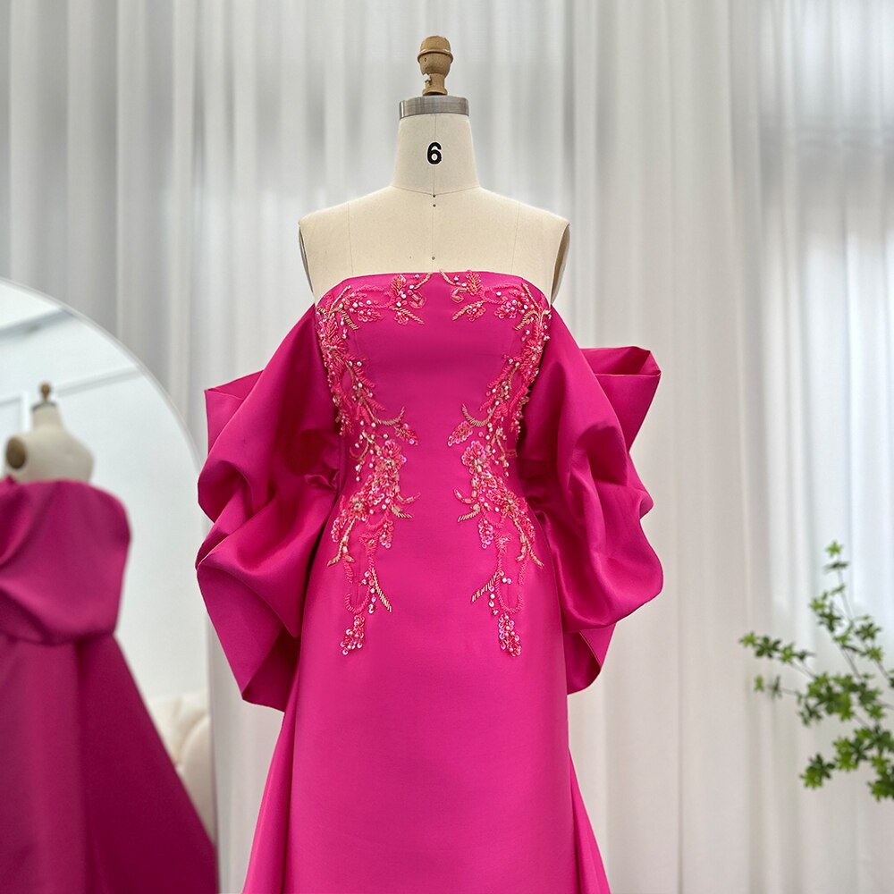 Fuchsia Mermaid Luxury Evening Dresses with Cape Shawl Long Wedding Party Guest Gowns - Image 4