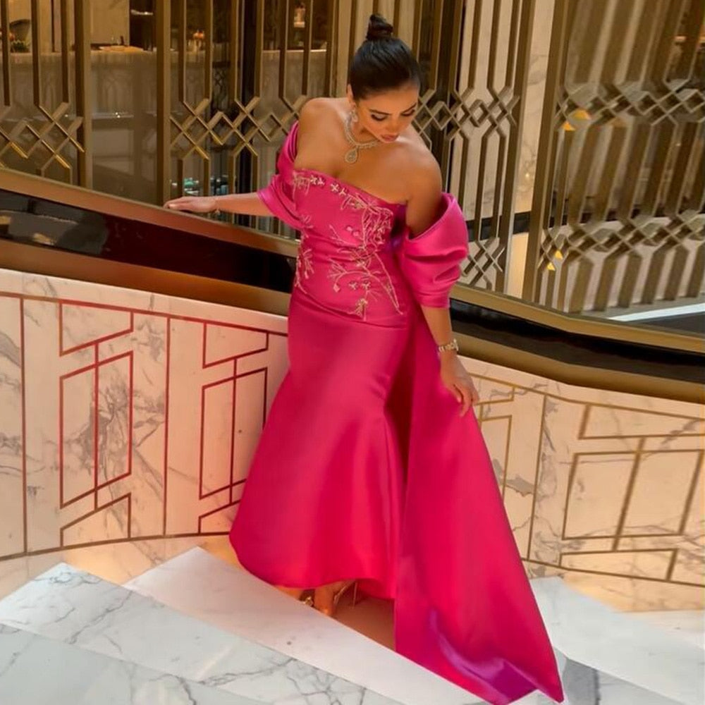 Fuchsia Mermaid Luxury Evening Dresses with Cape Shawl Long Wedding Party Guest Gowns - Image 2