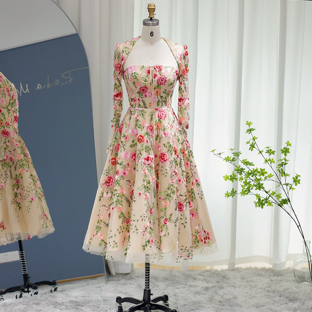 Garden Embroidery Short Evening Dress with Jacket Ankle Length Midi Formal Party Gowns for Women Wedding Guest