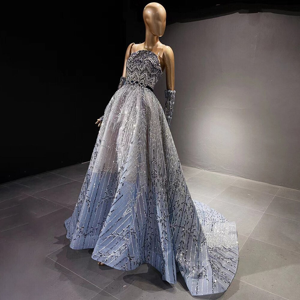 Glitter Blue Beaded Evening Dresses Luxury Crystal Long Formal Prom Dress for Women Wedding Party