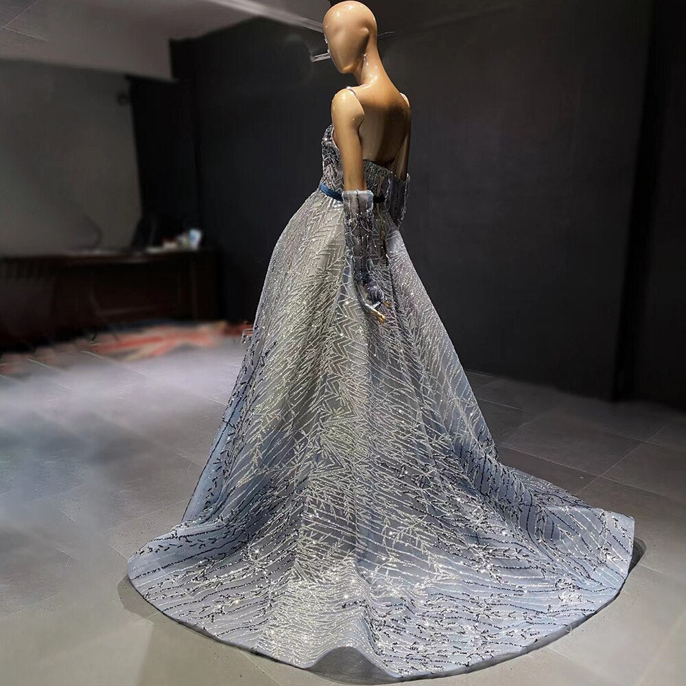 Glitter Blue Beaded Evening Dresses Luxury Crystal Long Formal Prom Dress for Women Wedding Party - Image 2