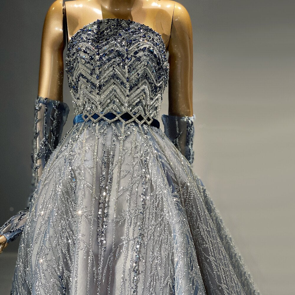 Glitter Blue Beaded Evening Dresses Luxury Crystal Long Formal Prom Dress for Women Wedding Party - Image 3