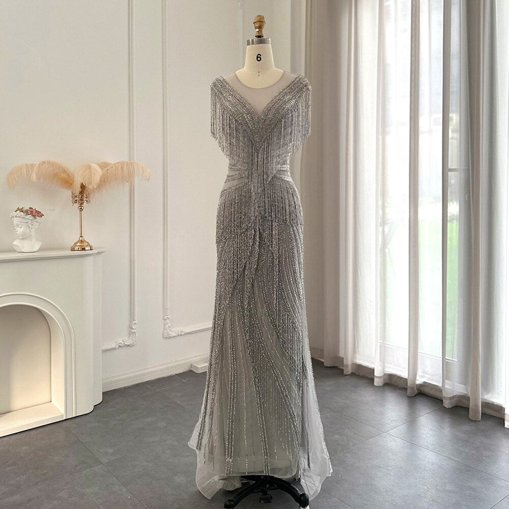 Heavy Beading Tassel Mermaid Evening Dress Luxury Wedding Party Gowns - Image 3