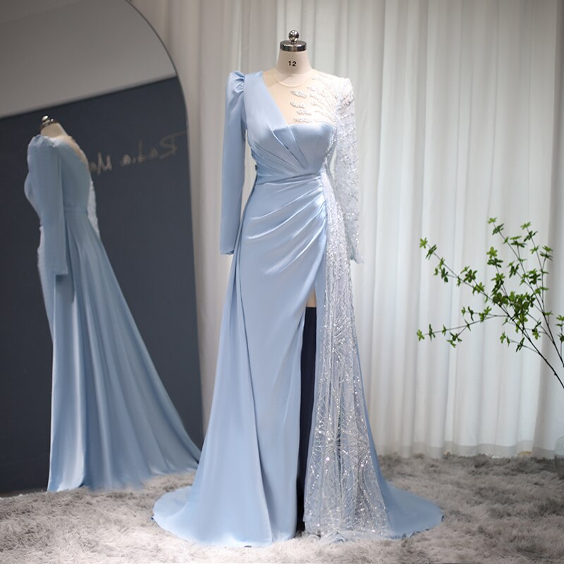 Light Blue Long Sleeve Evening Dress for Women Wedding Party Elegant Satin Luxury Formal Prom Dresses