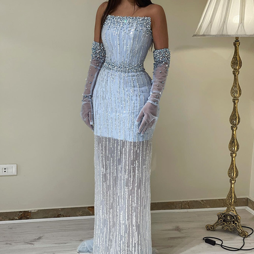 Light Blue Pearls Luxury Dubai Evening Dresses Elegant Strapless Women Wedding Party Formal Gowns
