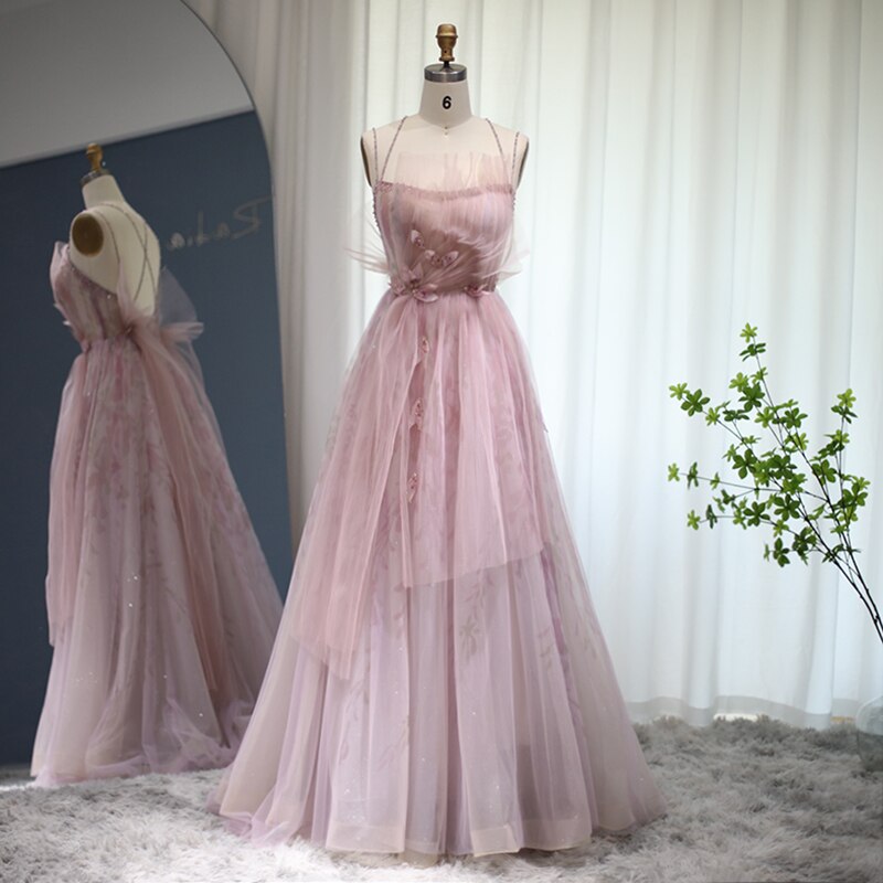Floral Tulle Long Evening Dress Spaghetti Straps Backless Formal Prom Dresses for Wedding Party