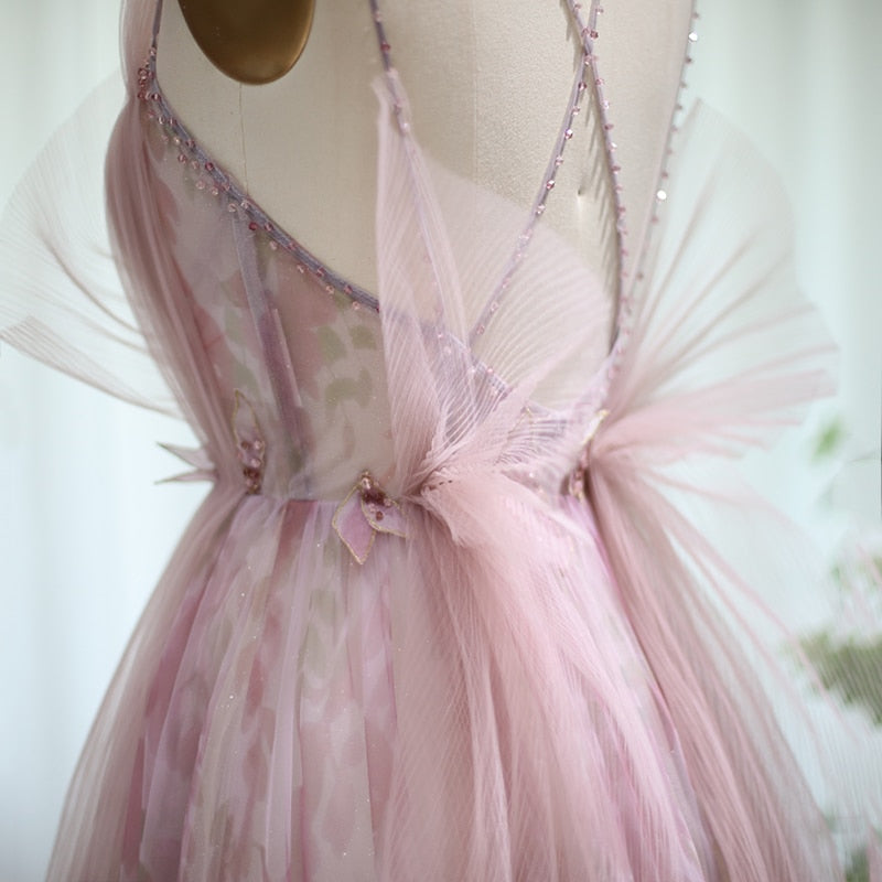 Floral Tulle Long Evening Dress Spaghetti Straps Backless Formal Prom Dresses for Wedding Party - Image 6