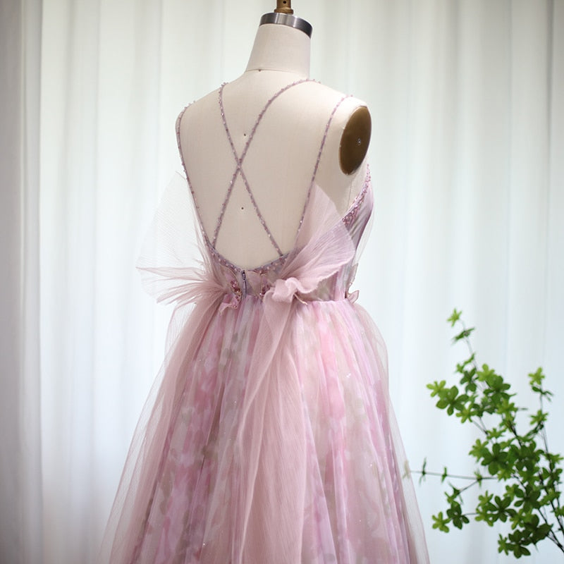 Floral Tulle Long Evening Dress Spaghetti Straps Backless Formal Prom Dresses for Wedding Party - Image 4