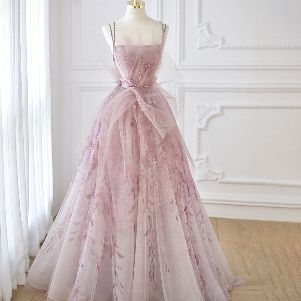 Floral Tulle Long Evening Dress Spaghetti Straps Backless Formal Prom Dresses for Wedding Party - Image 2