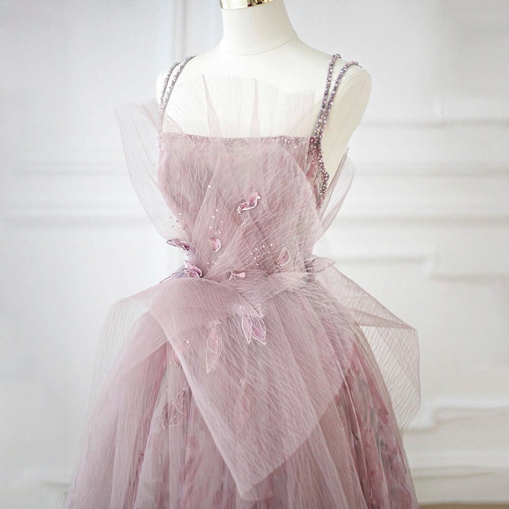 Floral Tulle Long Evening Dress Spaghetti Straps Backless Formal Prom Dresses for Wedding Party - Image 3
