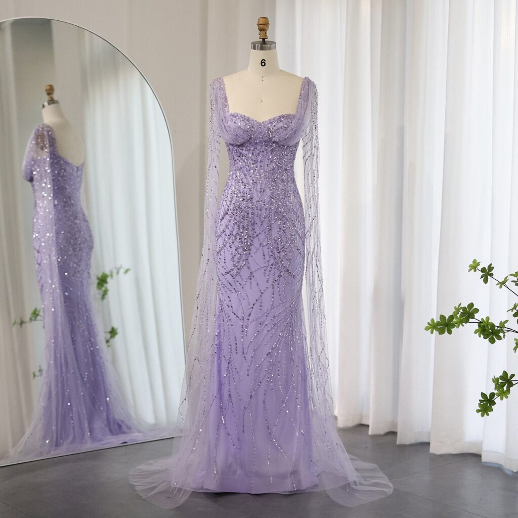 Lilac Mermaid Luxury Evening Dresses with Cape Sleeves Elegant Women Wedding Formal Party Gowns