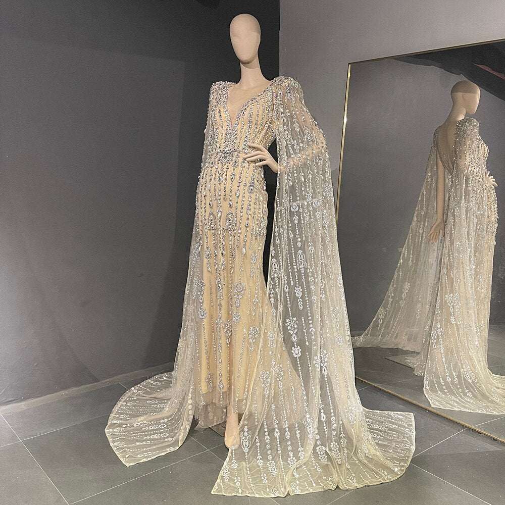 Luxurious Crystal Pearls Evening Dress with Cape Sleeves Elegant Women Formal Wedding Party Gowns