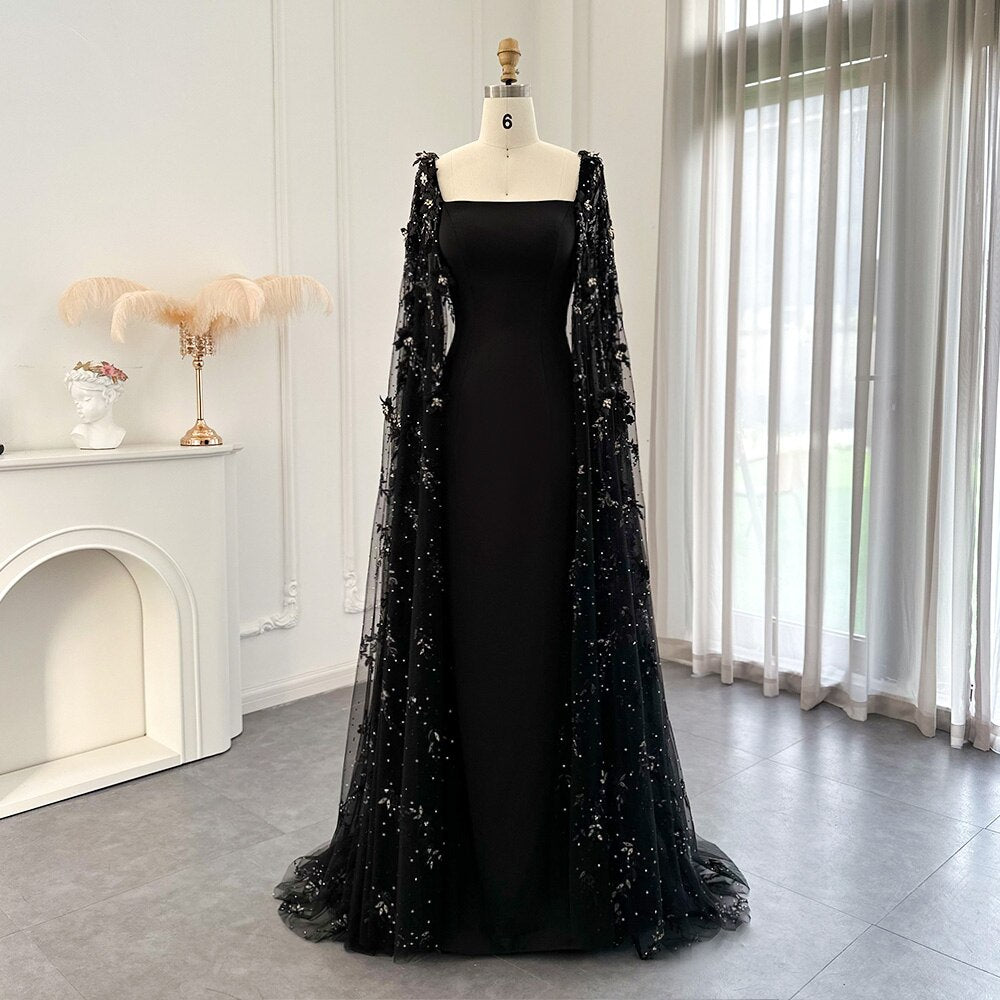 Luxury 3D Flowers Black Satin Evening Dress with Cape Elegant Mermaid Long Women Formal Party Gowns
