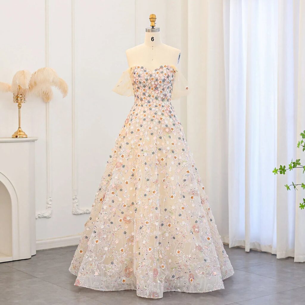 Luxury 3D Flowers Champagne Evening Dresses Elegant Off Shoulder Formal Dress for Women Wedding Party