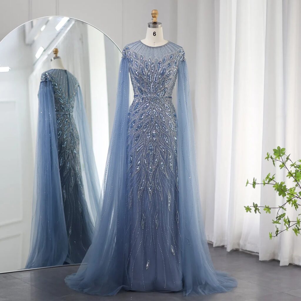 Luxury Mermaid Evening Dress with Cape Sleeves Women Wedding Party Gowns