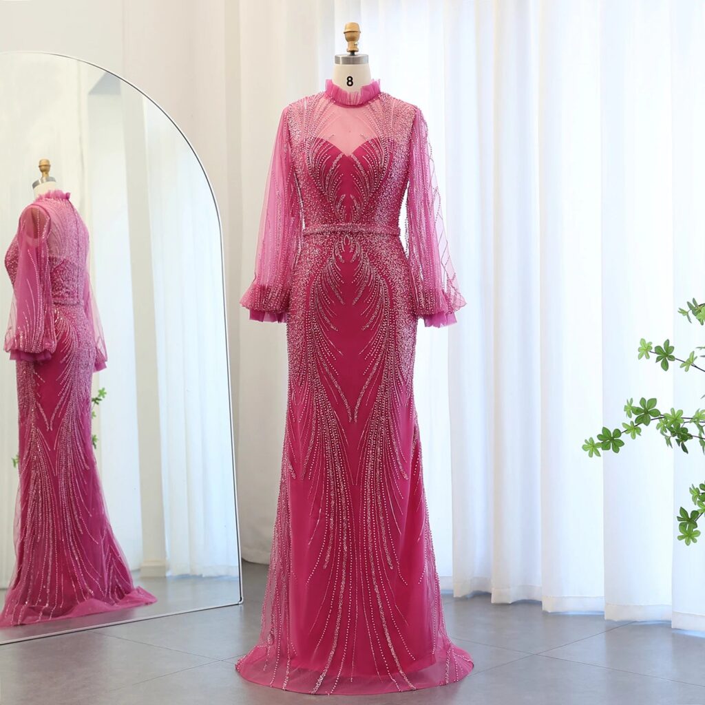 Luxury Fuchsia Mermaid Evening Dresses Elegant High Neck Long Sleeves Women Wedding Party Dress