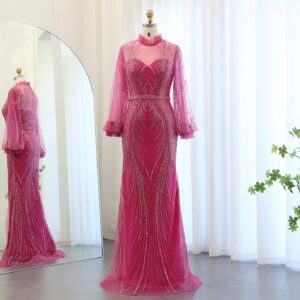 Luxury Fuchsia Mermaid Evening Dresses Elegant High Neck Long Sleeves Women Wedding Party Dress