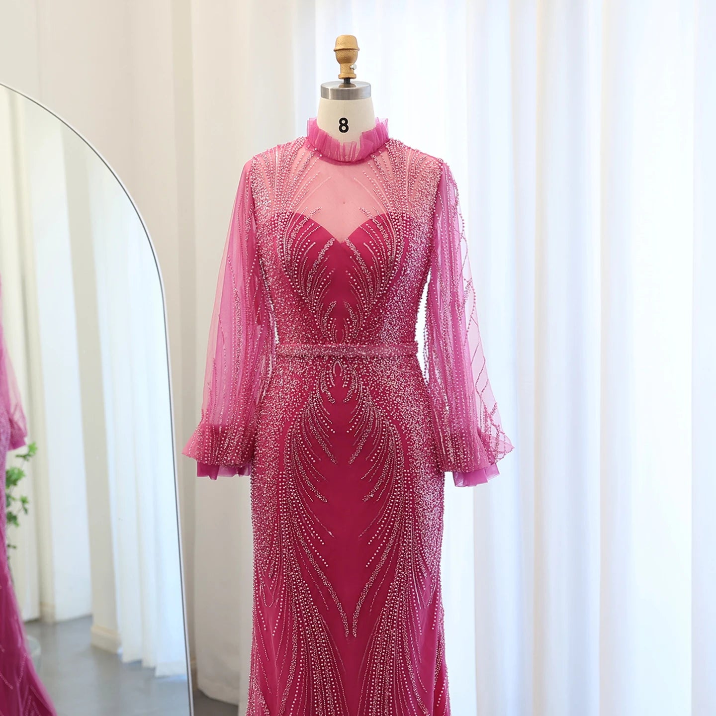 Luxury Fuchsia Mermaid Evening Dresses Elegant High Neck Long Sleeves Women Wedding Party Dress - Image 2