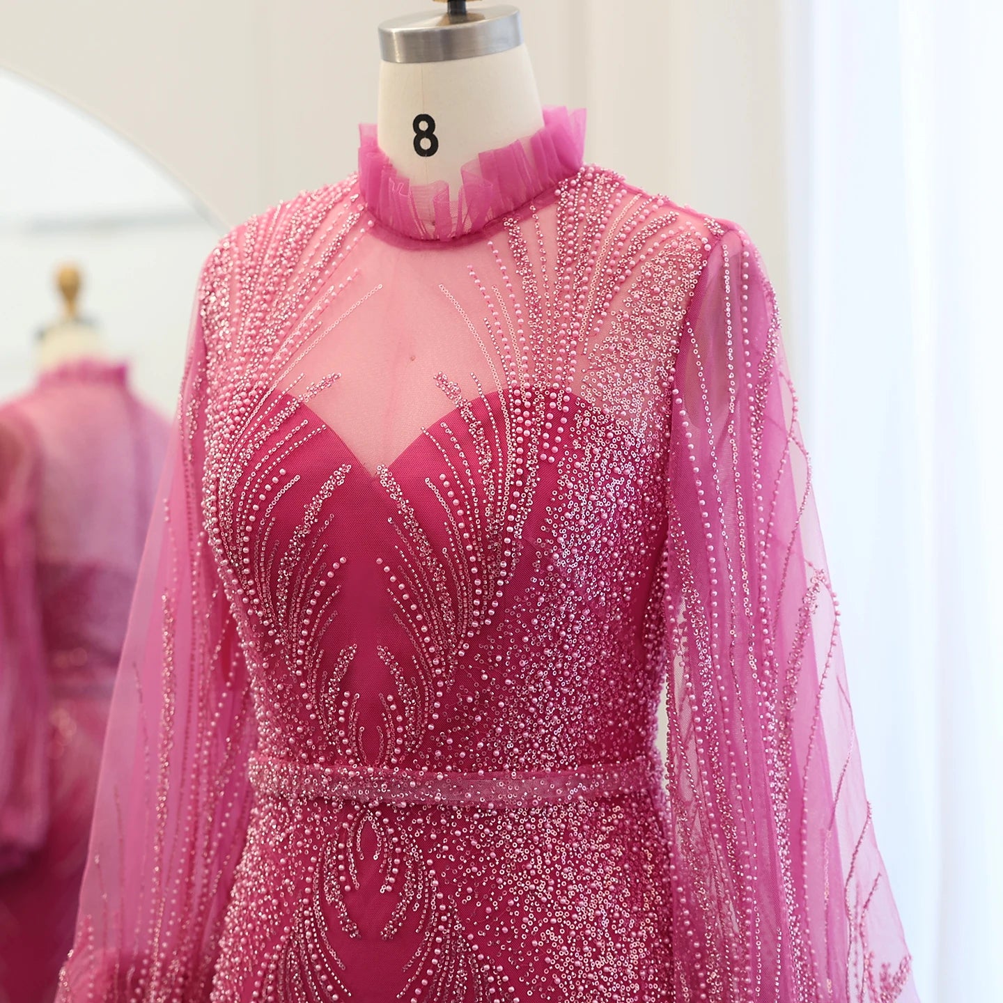 Luxury Fuchsia Mermaid Evening Dresses Elegant High Neck Long Sleeves Women Wedding Party Dress - Image 3