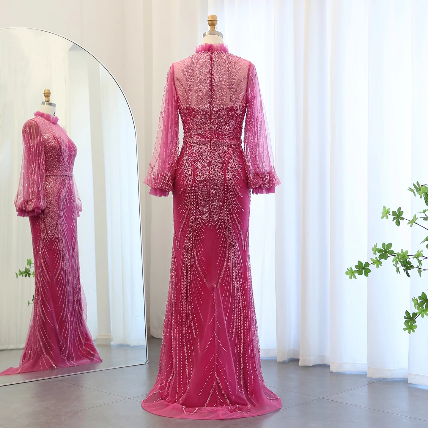 Luxury Fuchsia Mermaid Evening Dresses Elegant High Neck Long Sleeves Women Wedding Party Dress - Image 6