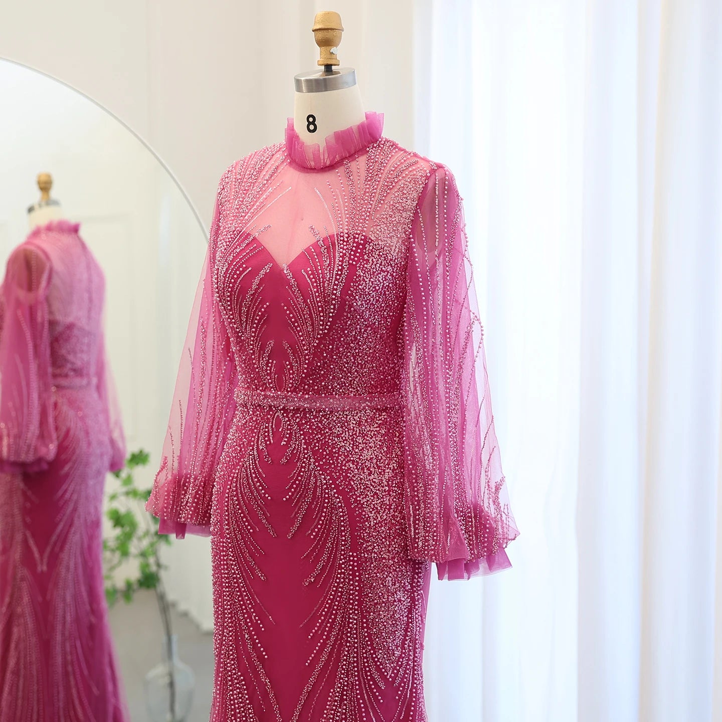 Luxury Fuchsia Mermaid Evening Dresses Elegant High Neck Long Sleeves Women Wedding Party Dress - Image 4