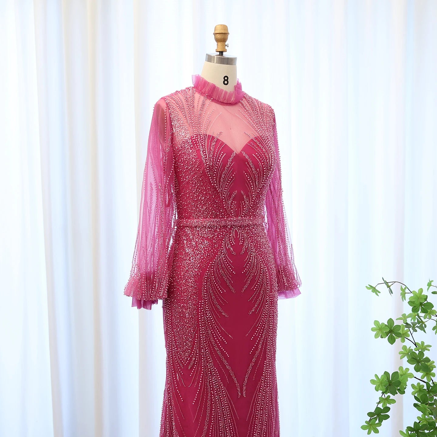 Luxury Fuchsia Mermaid Evening Dresses Elegant High Neck Long Sleeves Women Wedding Party Dress - Image 5