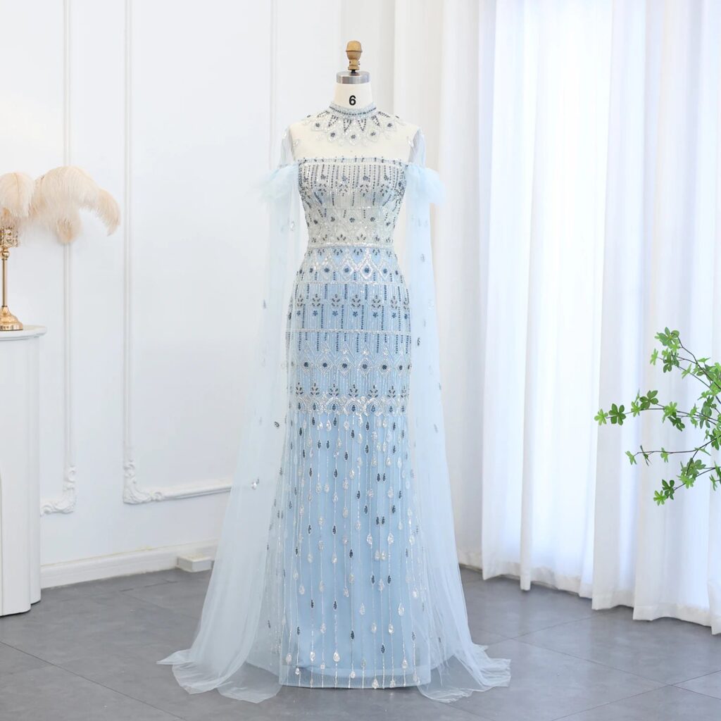 Luxury Light Blue Mermaid Evening Dress with Cape Sleeves Elegant High Neck Women Wedding Party Gowns