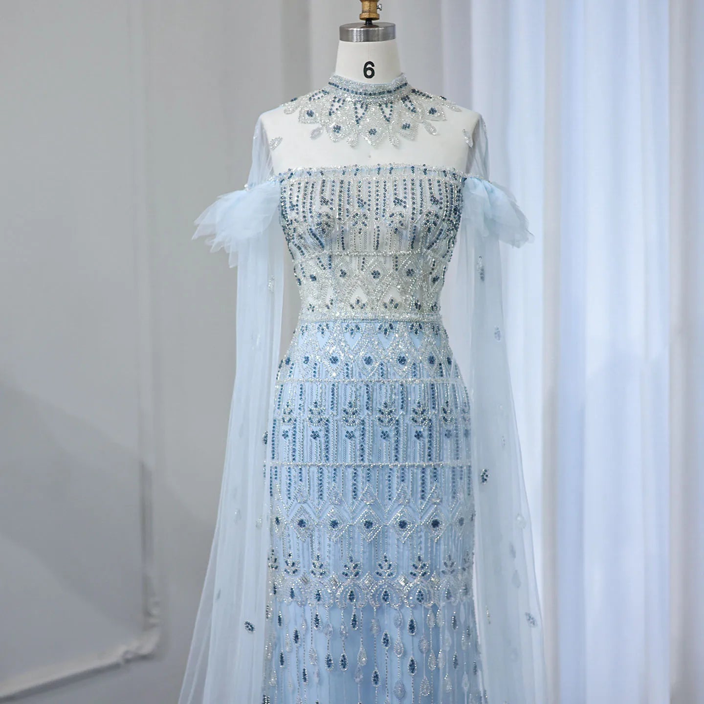 Luxury Light Blue Mermaid Evening Dress with Cape Sleeves Elegant High Neck Women Wedding Party Gowns - Image 4