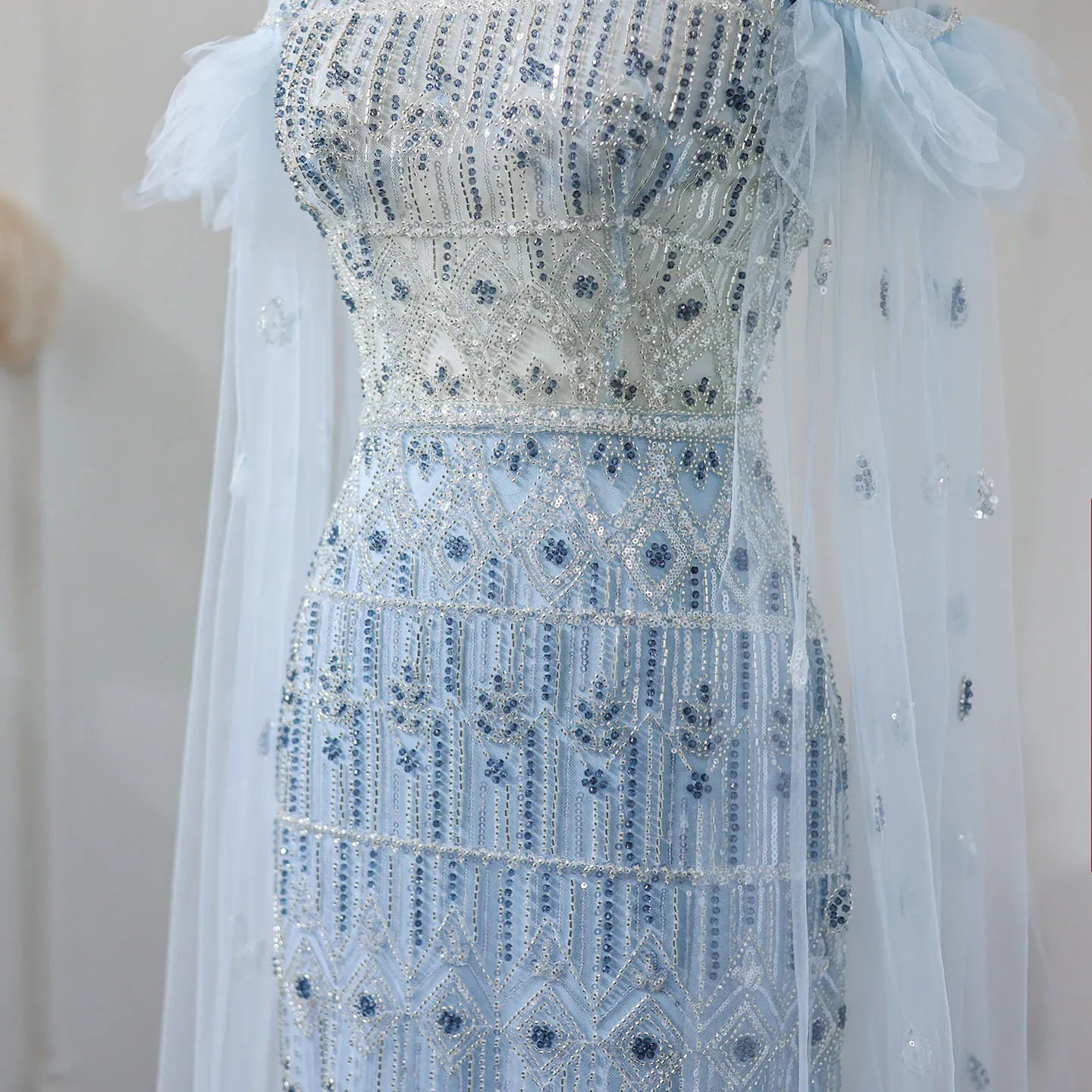 Luxury Light Blue Mermaid Evening Dress with Cape Sleeves Elegant High Neck Women Wedding Party Gowns - Image 5