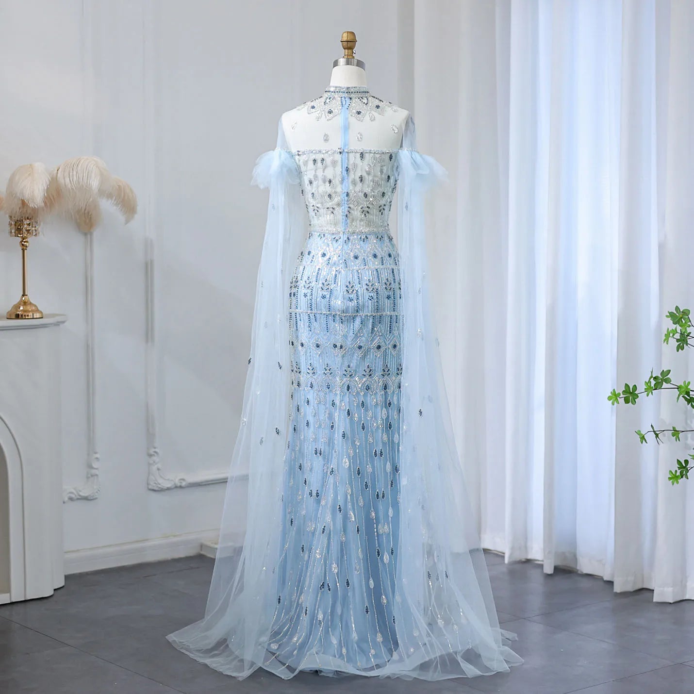 Luxury Light Blue Mermaid Evening Dress with Cape Sleeves Elegant High Neck Women Wedding Party Gowns - Image 6