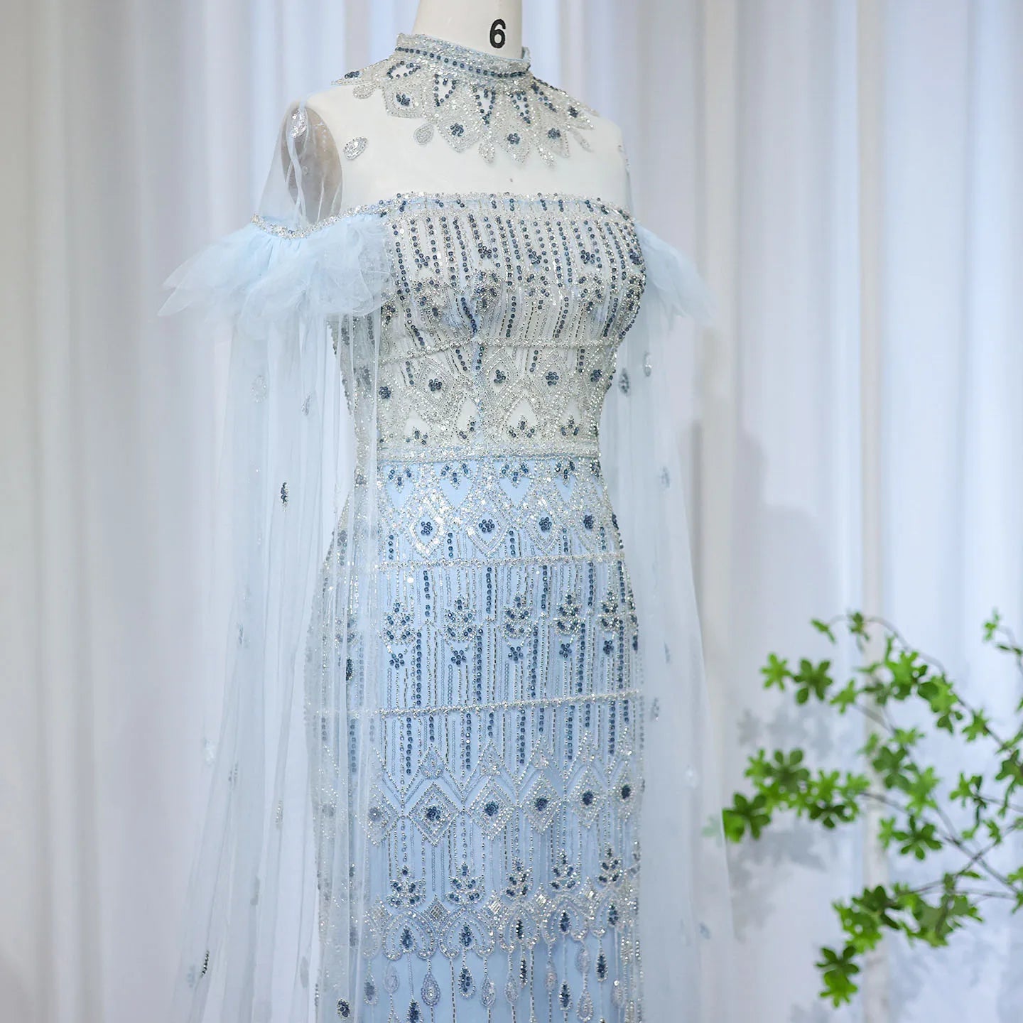 Luxury Light Blue Mermaid Evening Dress with Cape Sleeves Elegant High Neck Women Wedding Party Gowns - Image 3