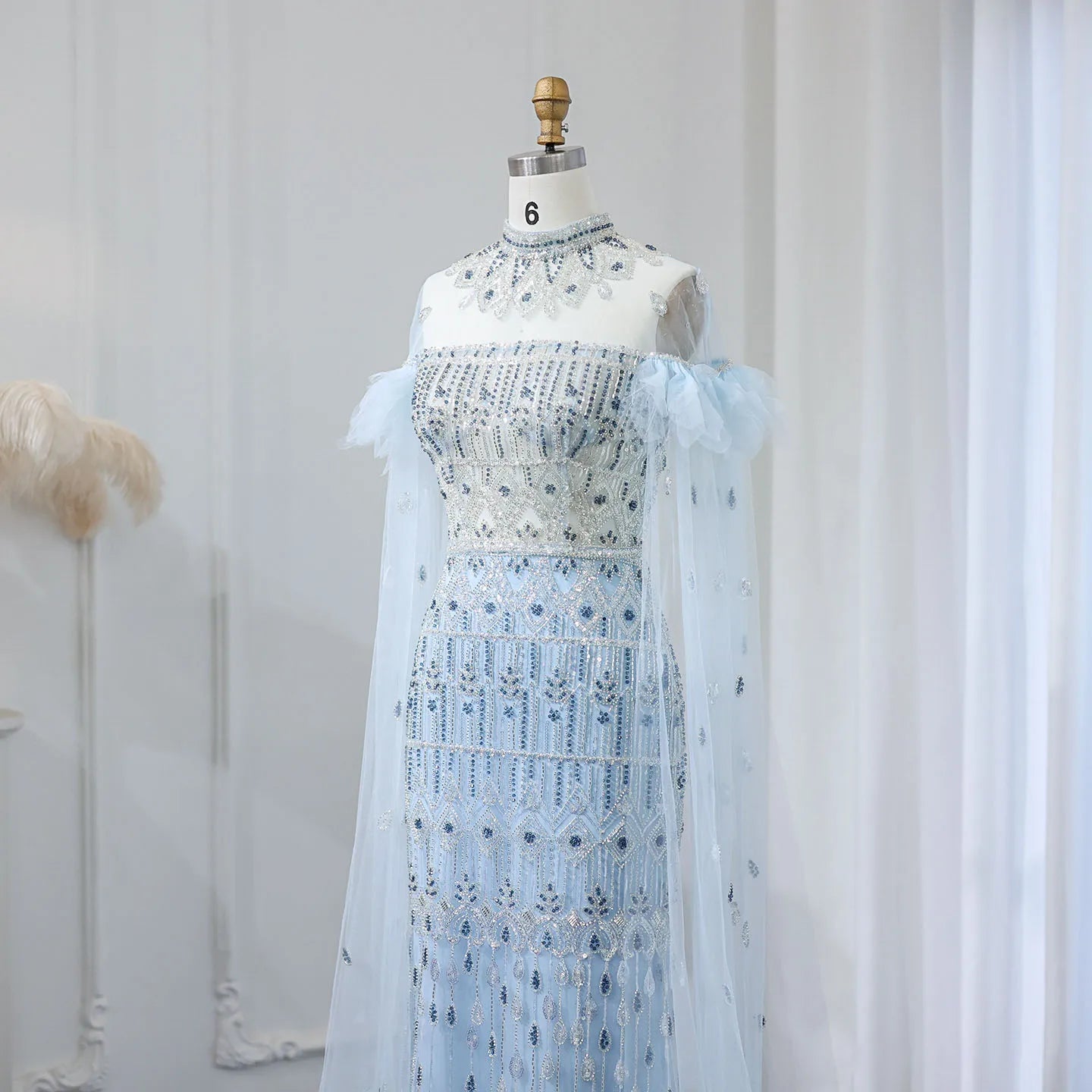 Luxury Light Blue Mermaid Evening Dress with Cape Sleeves Elegant High Neck Women Wedding Party Gowns - Image 2