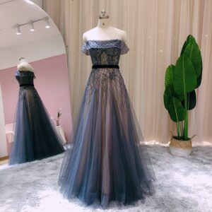 Luxury Off Shoulder Navy Blue Evening Dress Long Elegant Engagement Dresses for Women Wedding Party