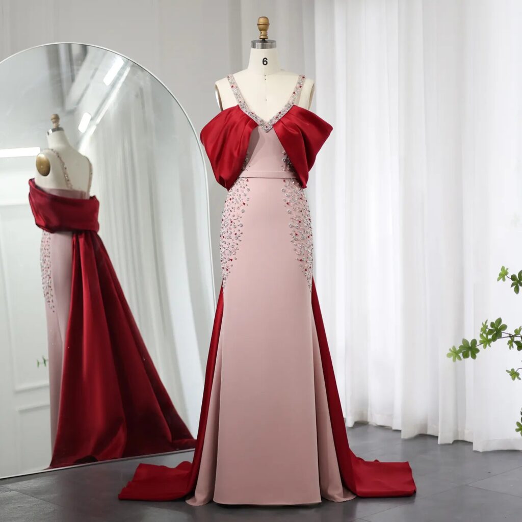 Luxury Pink Burgundy Mermaid Evening Dress with Cape for Women Wedding Party