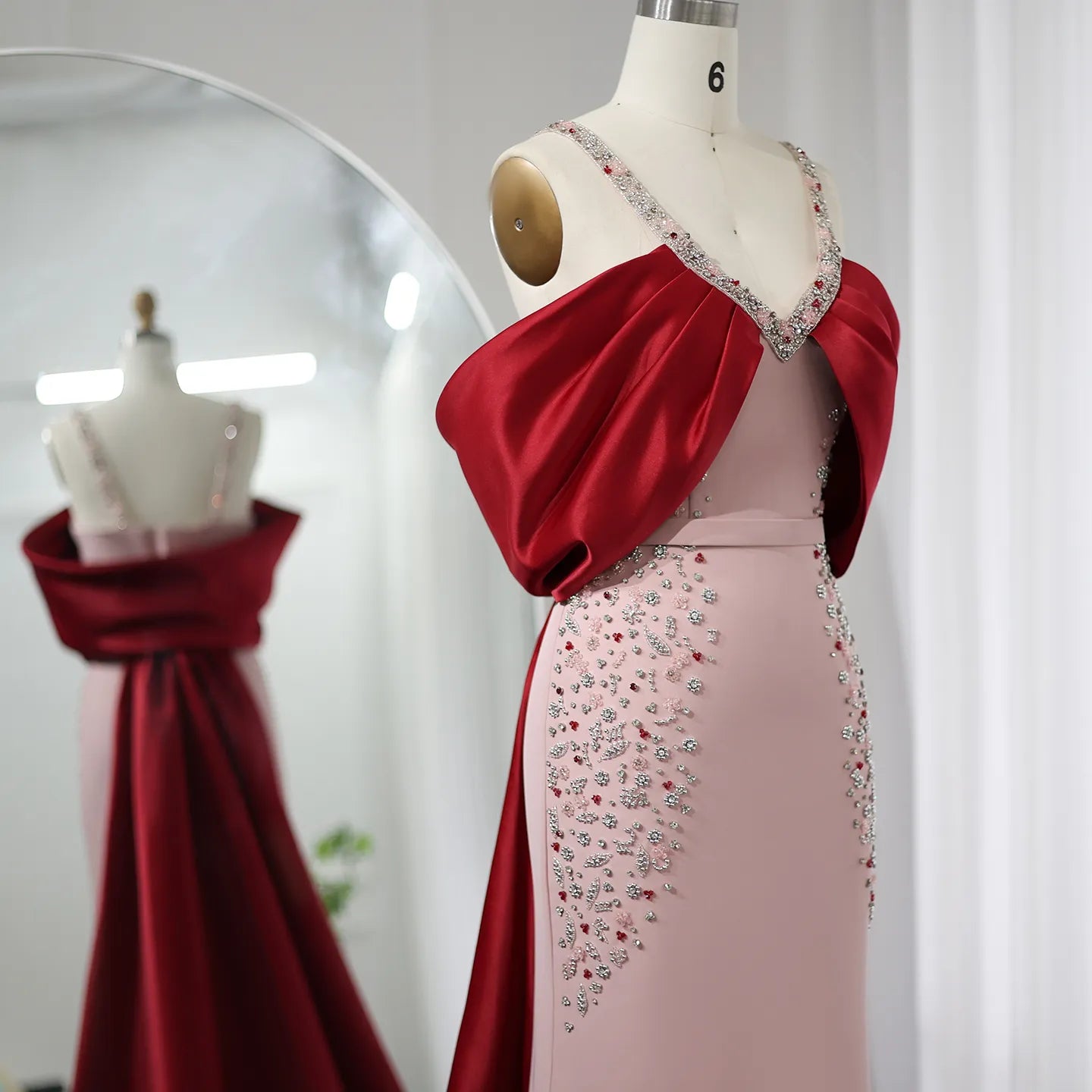 Luxury Pink Burgundy Mermaid Evening Dress with Cape for Women Wedding Party - Image 3