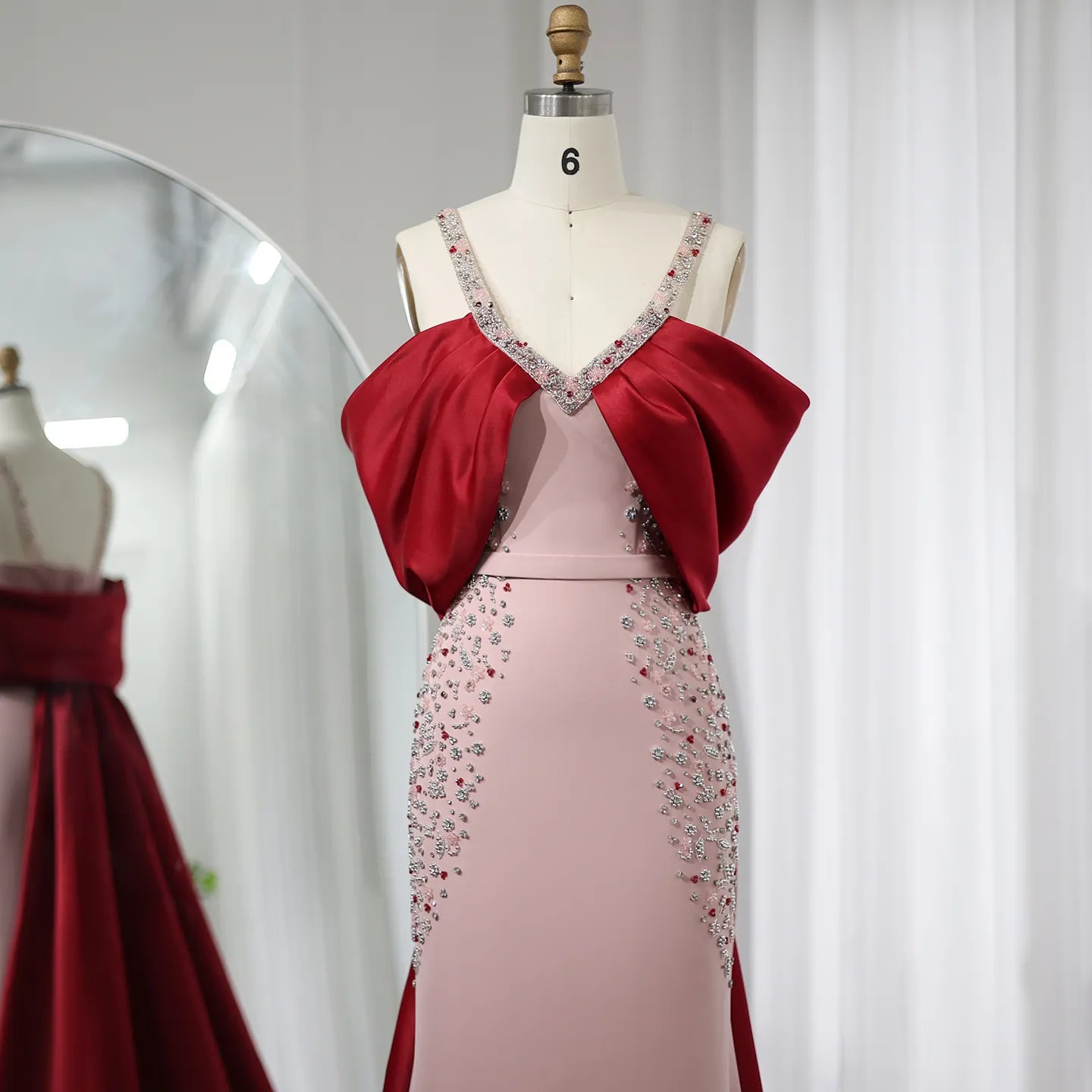 Luxury Pink Burgundy Mermaid Evening Dress with Cape for Women Wedding Party - Image 2