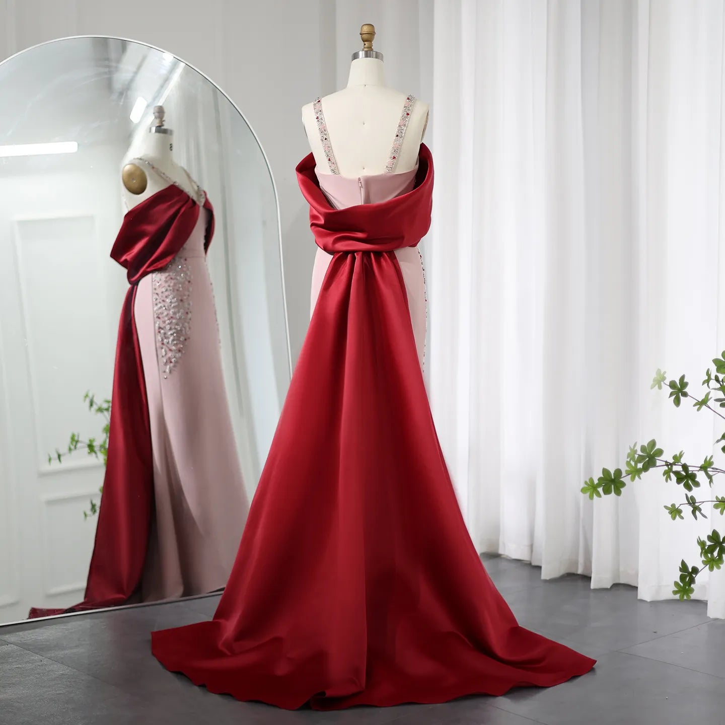 Luxury Pink Burgundy Mermaid Evening Dress with Cape for Women Wedding Party - Image 5