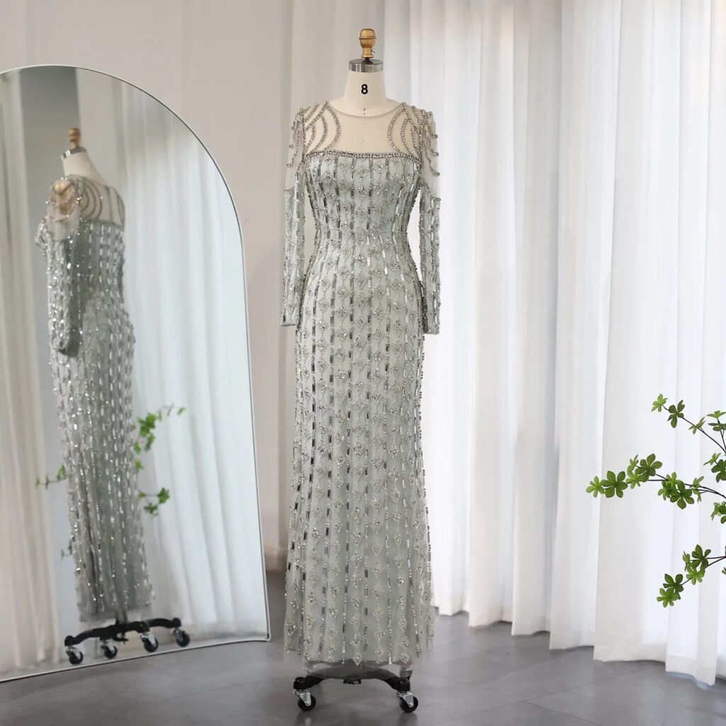 Luxury Sage Green Evening Dresses Mermaid Long Sleeves Women Wedding  Party Gowns