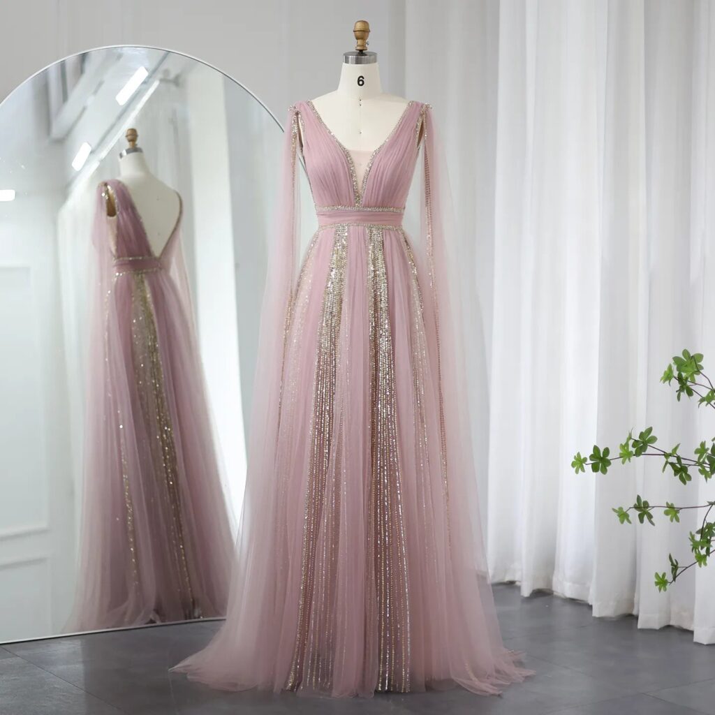 Luxury Women Evening Dress with Cape Sleeves Elegant Wedding Party Gowns