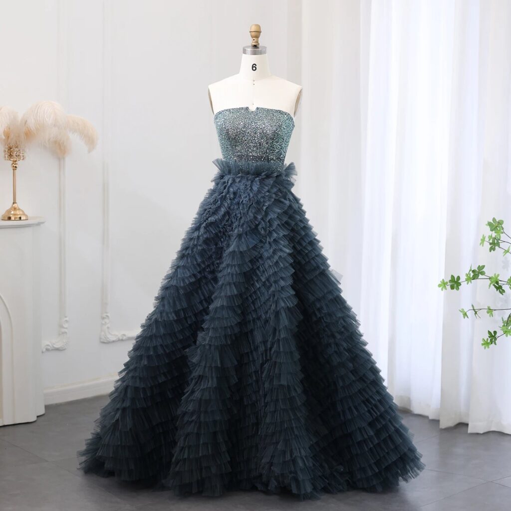 Luxury Beaded Blue Ball Gown Evening Dress 2024 Elegant Strapless Ruffles Sweet Girls Birthday Party Dresses