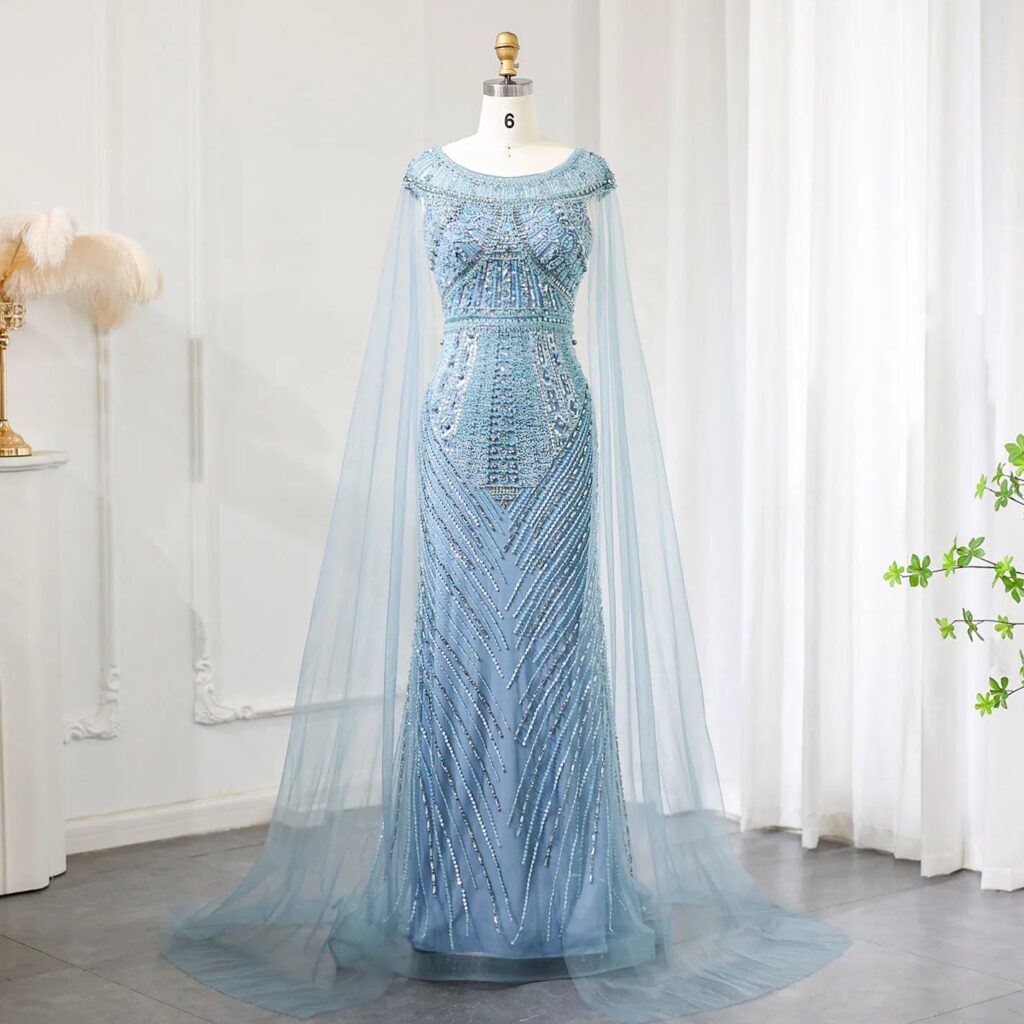 Luxury Beaded Mermaid Evening Dresses with Cape Sleeves 2024 Plus Size Women Wedding Party Gown