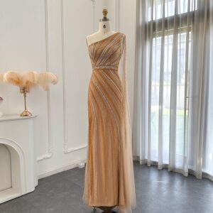 Luxury Beaded Gold Mermaid Evening Dress with Cape Sleeve Long Elegant Women Wedding Formal Party Gowns