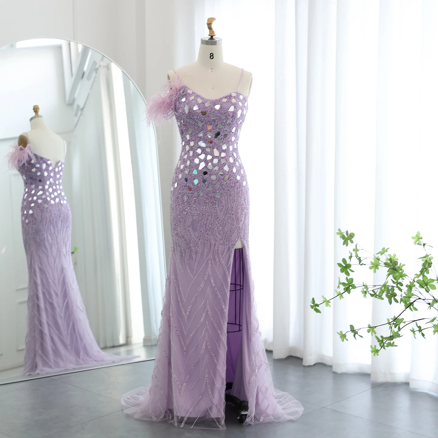 Luxury Beaded Feather Mermaid Silver Nude Evening Dress for Women Wedding Party Elegant Dubai Formal Prom Gown - Image 2