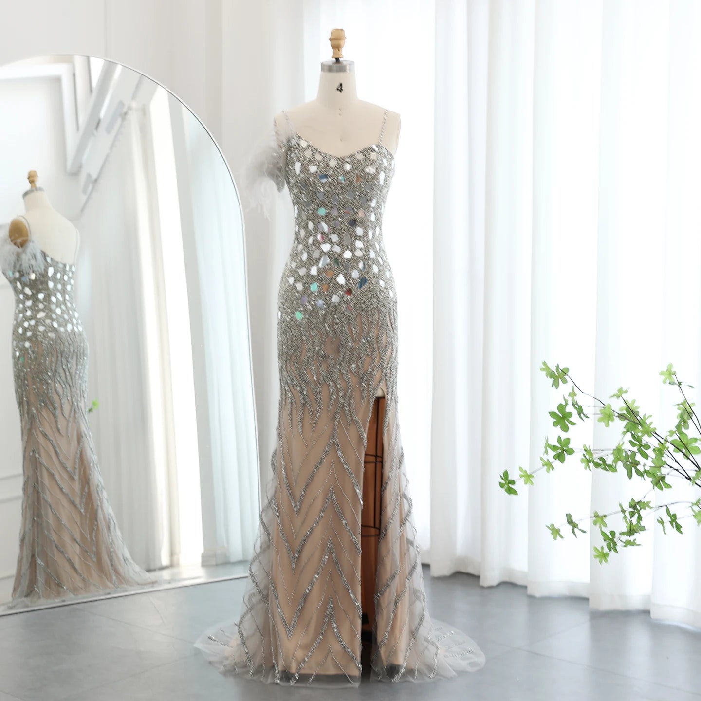 Luxury Beaded Feather Mermaid Silver Nude Evening Dress for Women Wedding Party Elegant Dubai Formal Prom Gown - Image 3