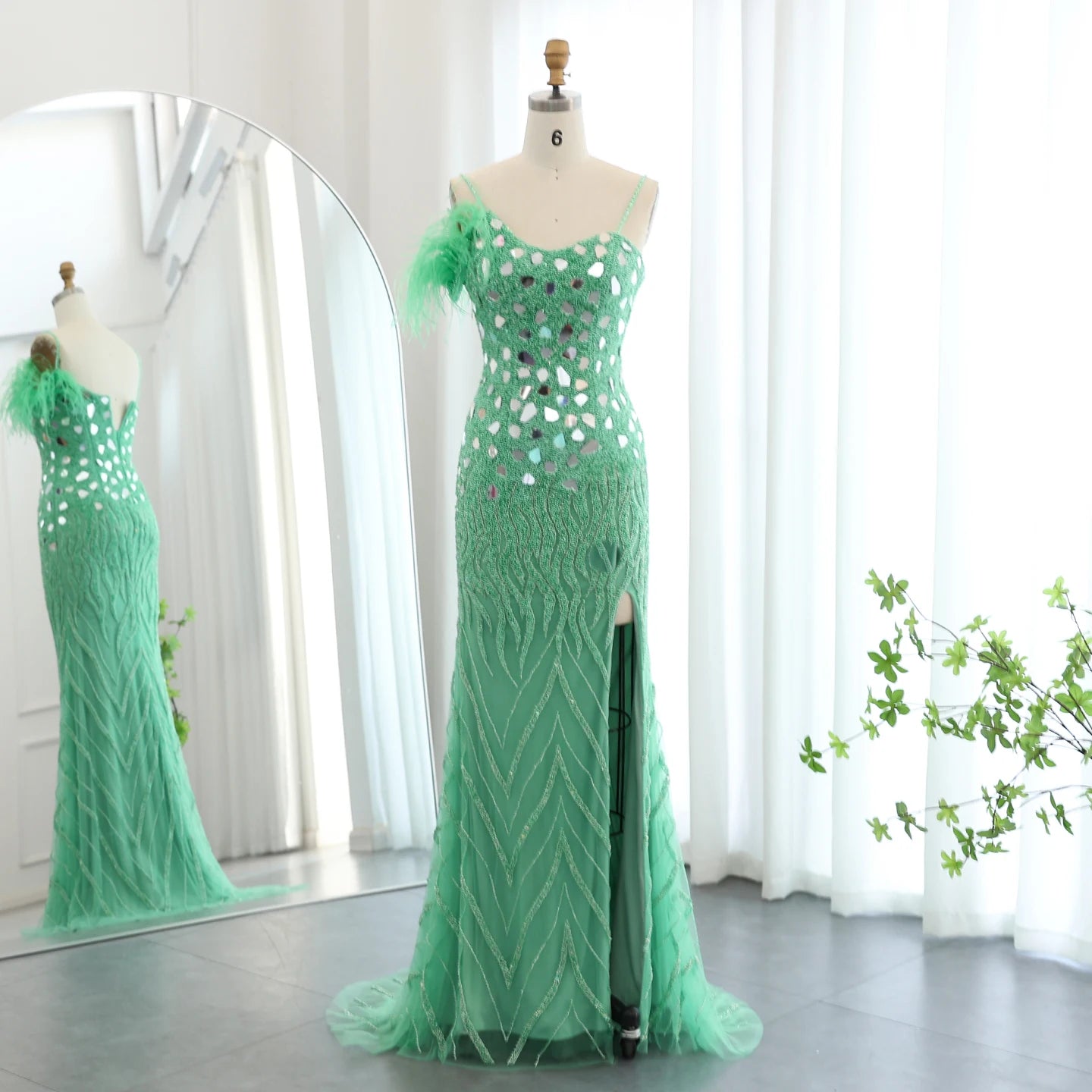 Luxury Beaded Feather Mermaid Silver Nude Evening Dress for Women Wedding Party Elegant Dubai Formal Prom Gown - Image 10