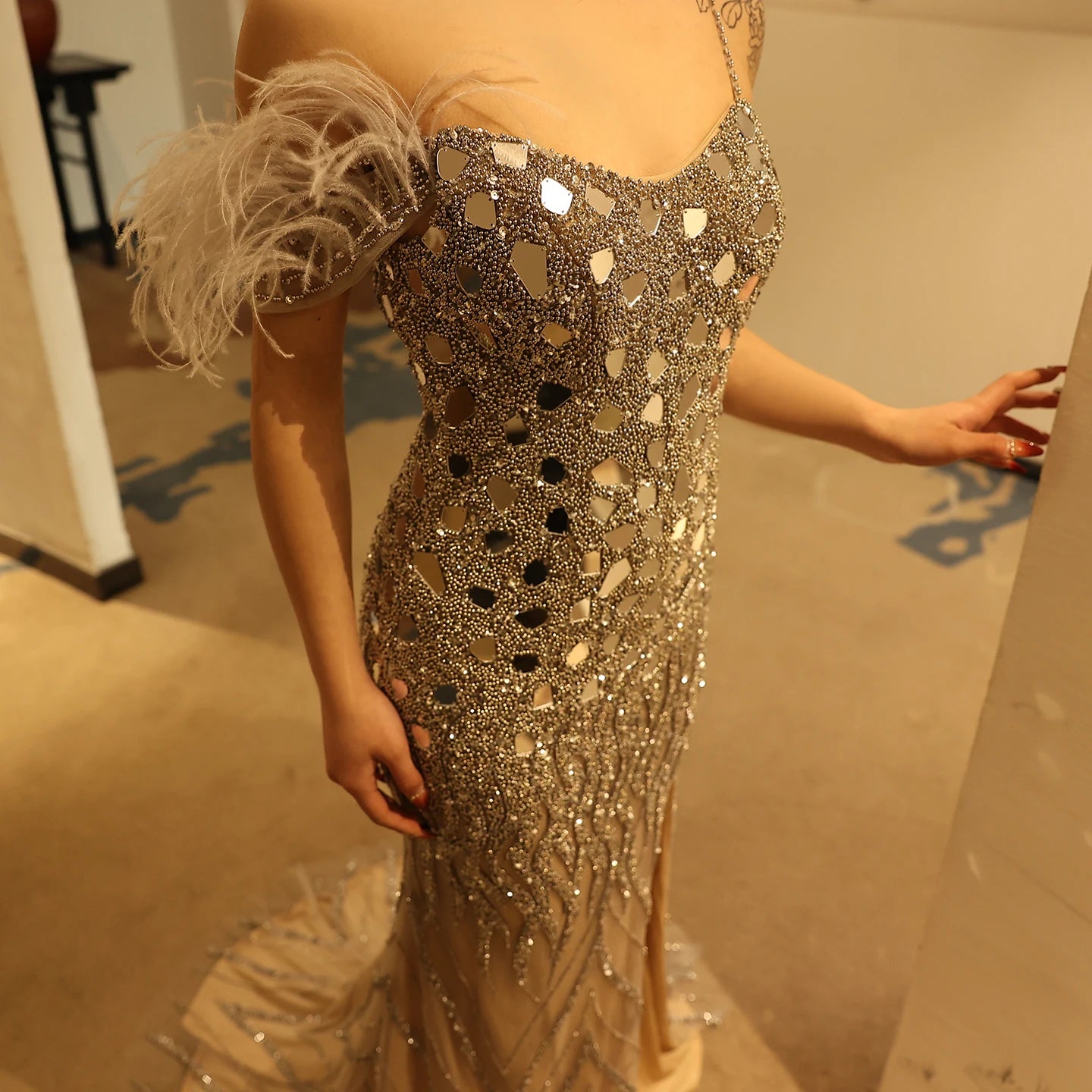 Luxury Beaded Feather Mermaid Silver Nude Evening Dress for Women Wedding Party Elegant Dubai Formal Prom Gown - Image 5